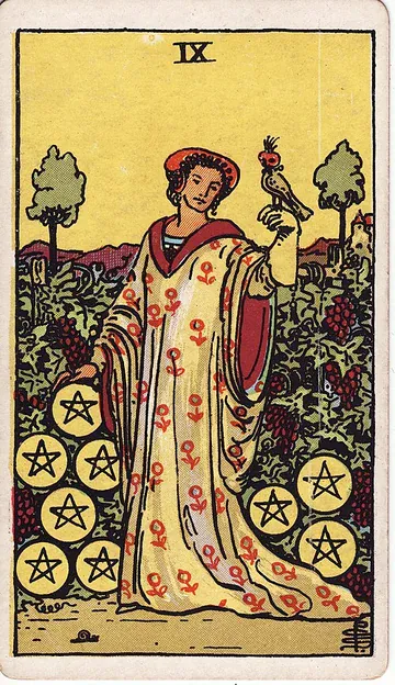 Nine of Pentacles · 塔罗牌插图