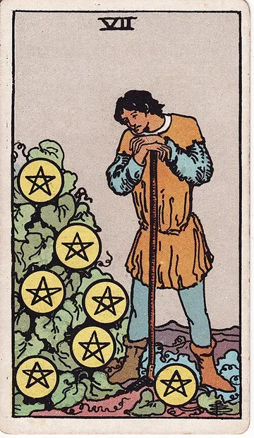 Seven of Pentacles · 塔罗牌插图